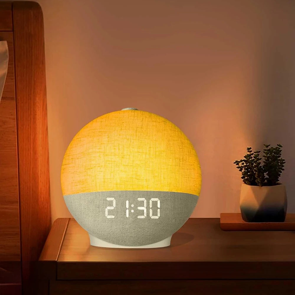 Digital Alarm Clock Wake Up Light White Noise Sound Machine Bluetooth Speaker Night Light Décor Gift for Men/Women