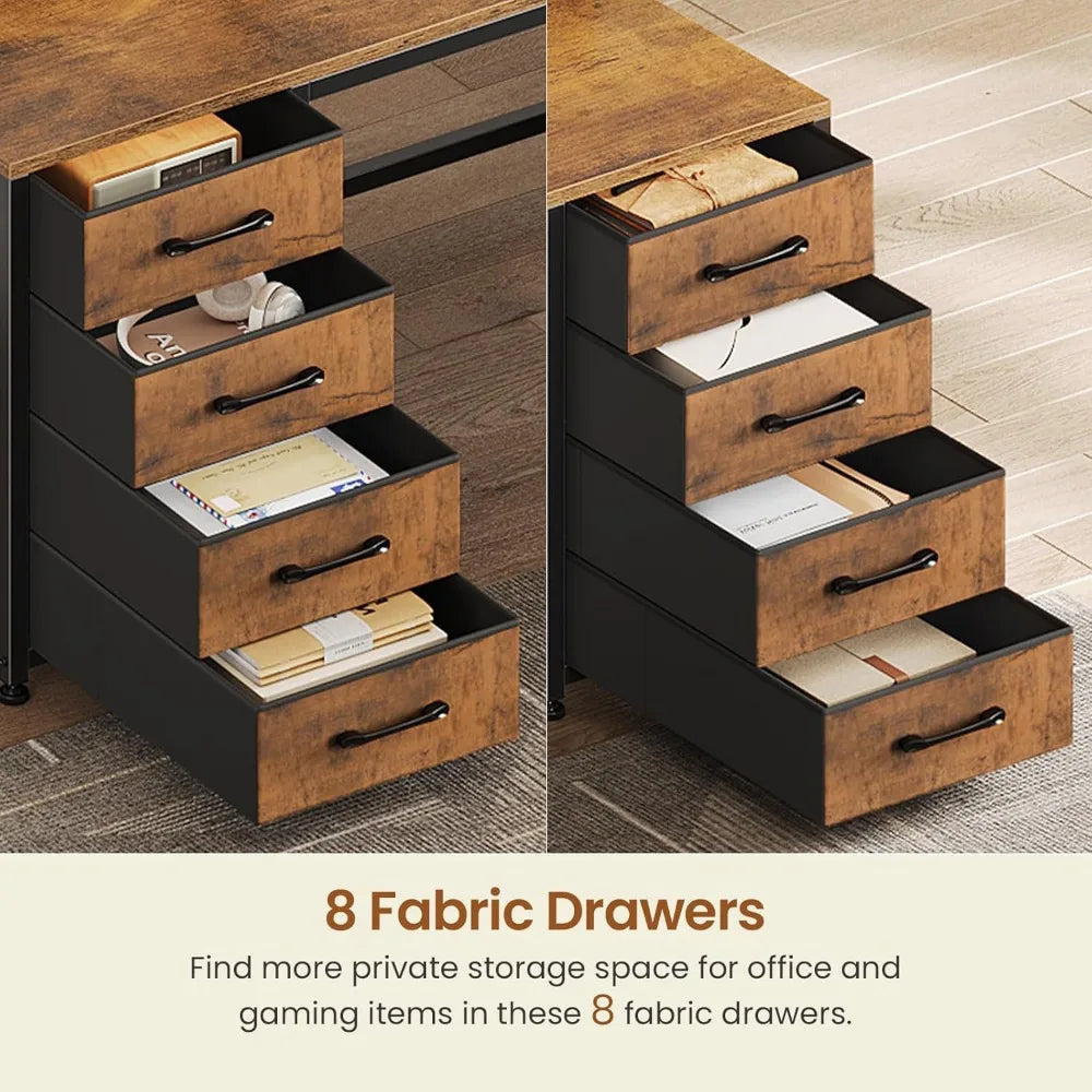 94.5’’ 2 Person Gaming Desk Long Office Computer Desk with 8 Drawers & LED Lights Two Person Desk with Storage Power St