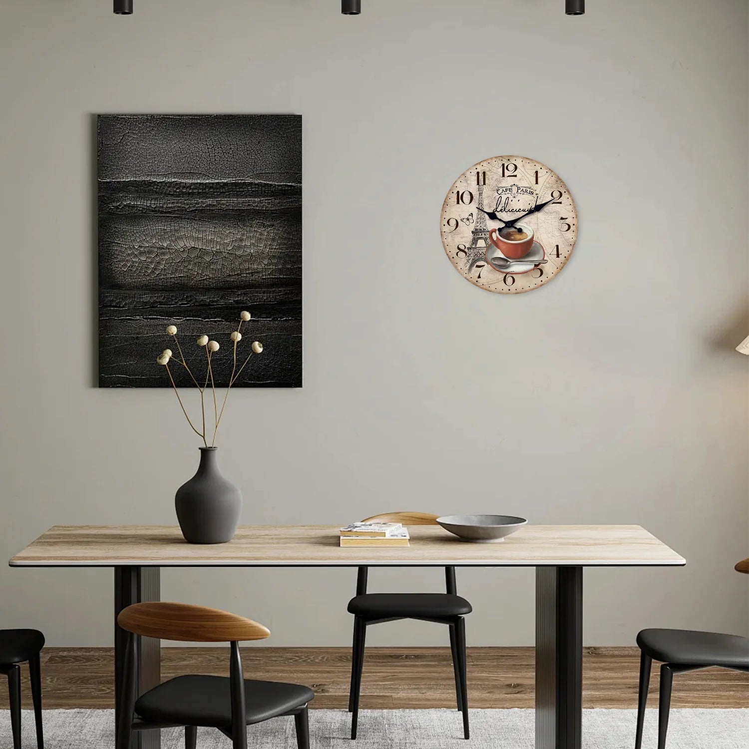 French Retro Paris Eiffel Tower Coffee Cup Wooden Wall Clock Living Room Bedroom Kitchen Home Decoration Wall Clock