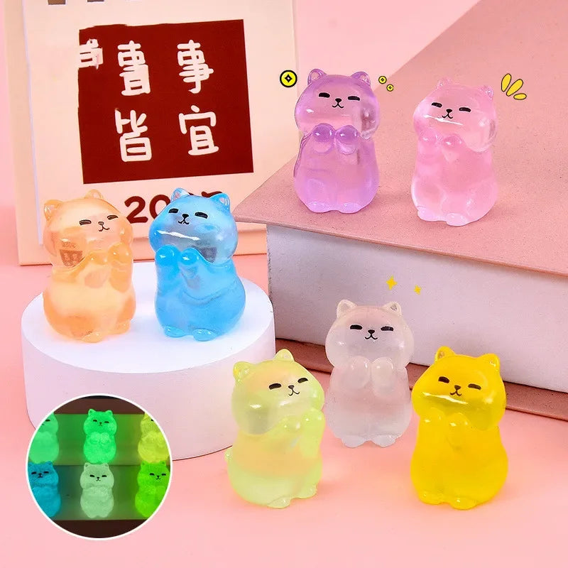 7PCS Mini Lucky Cat Glow At Night Kawaii Home Decor Luminous Cute Cats Miniature Figurine Desk Decoration DIY