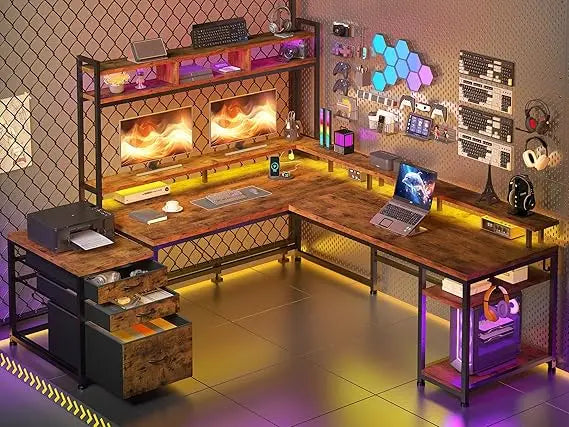 Two-Person L-Shaped Desk with Hutch Monitor Shelf and Storage Drawers - United States / Rustic Brown