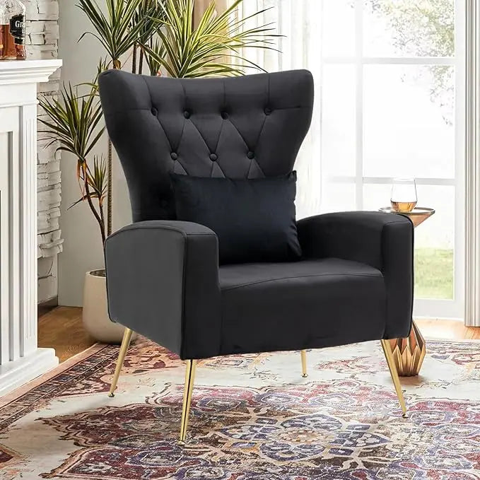 Velvet Accent Arm Chair Mid-Century Modern Living Room Chair Wingback Bedroom Side Chair with Gold Legs & Pillow