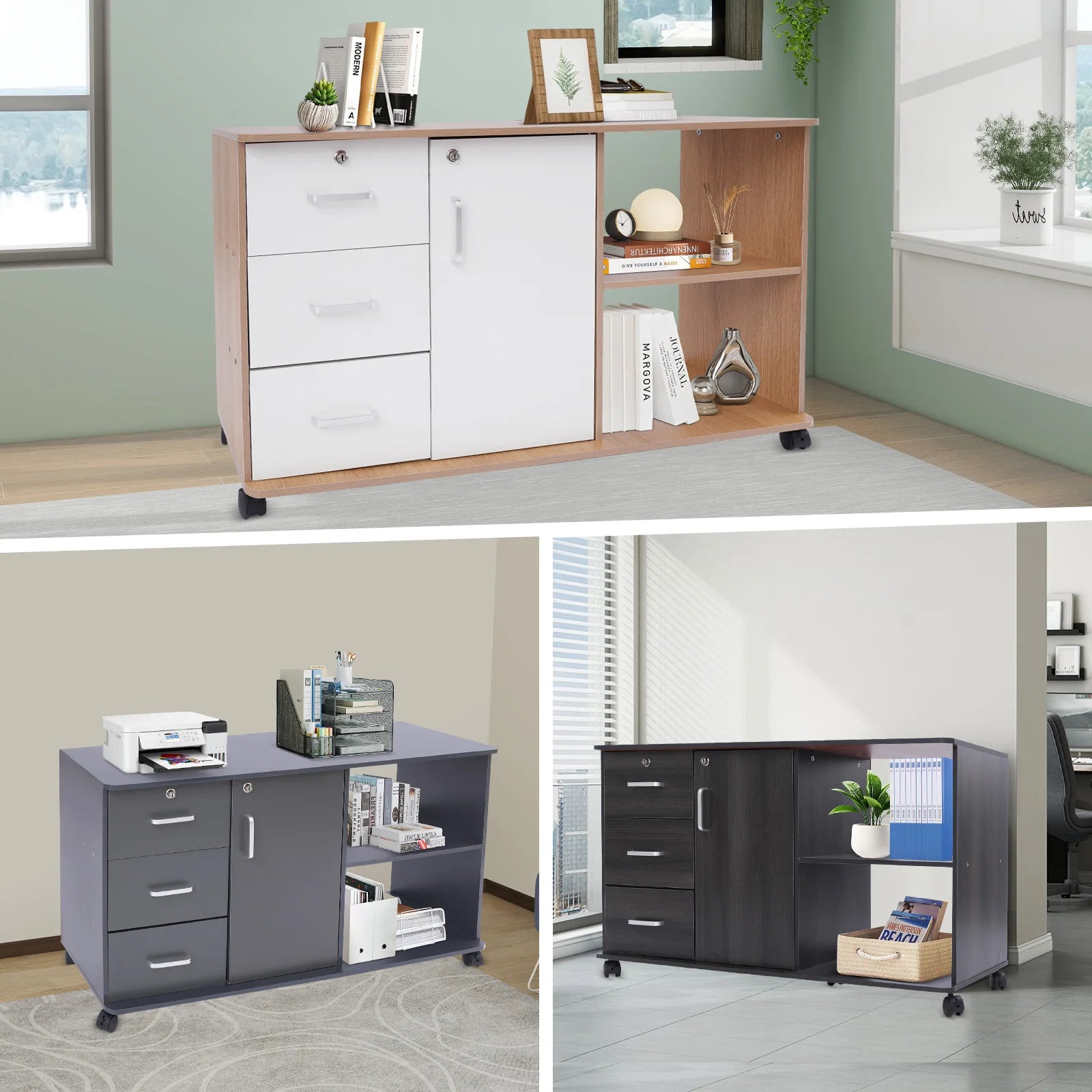3 Drawers 1 Cabinet 2 Compartments MDF File Cabinet,Black/Wood Color/Gray Rectangular File Cabinets for Home Office