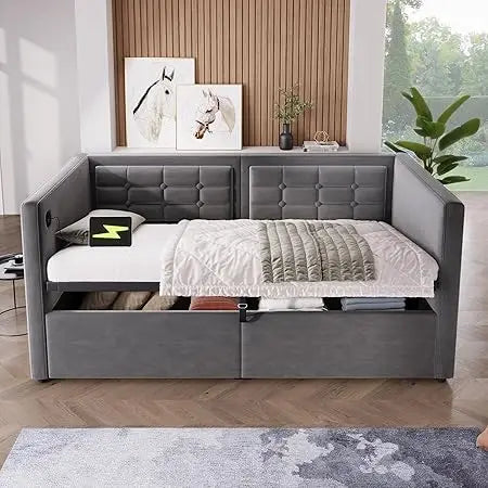 Merax Twin Upholstered Velvet Daybed with Hydraulic Storage USB & Type-C Ports Wooden Slat Support Tufted Sofa Bed