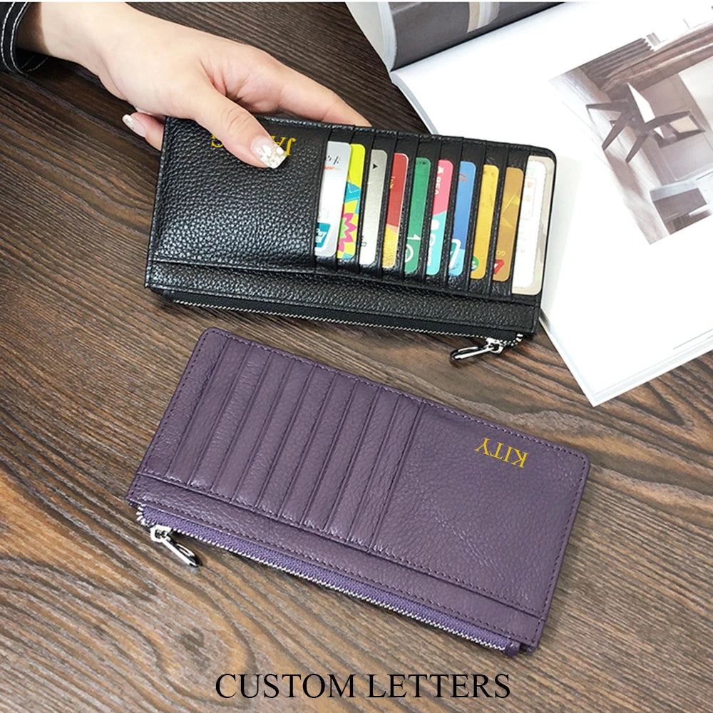 Large Capacity Long Zipper Card Holder Custom Letters Genuine Leather Men Credit Card Wallet Business Women Phone