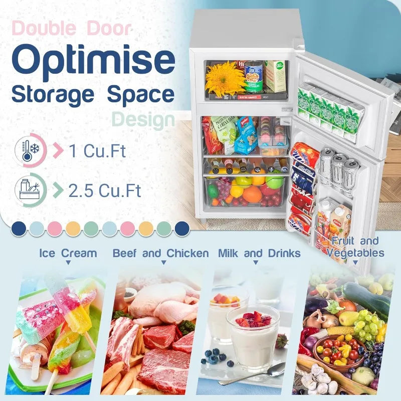 Double Door Refrigerator with Freezer 3.5 Cu.Ft Small Fridge with Freezer,7 Settings Temperature Adjustable Mini