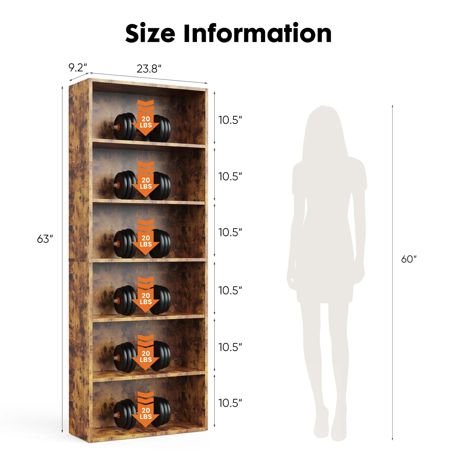 JHK 6 Tier Wooden Shelf Bookcase 63 Inch Tall Floor Standing Open Bookshelf for Living Room and Home Office