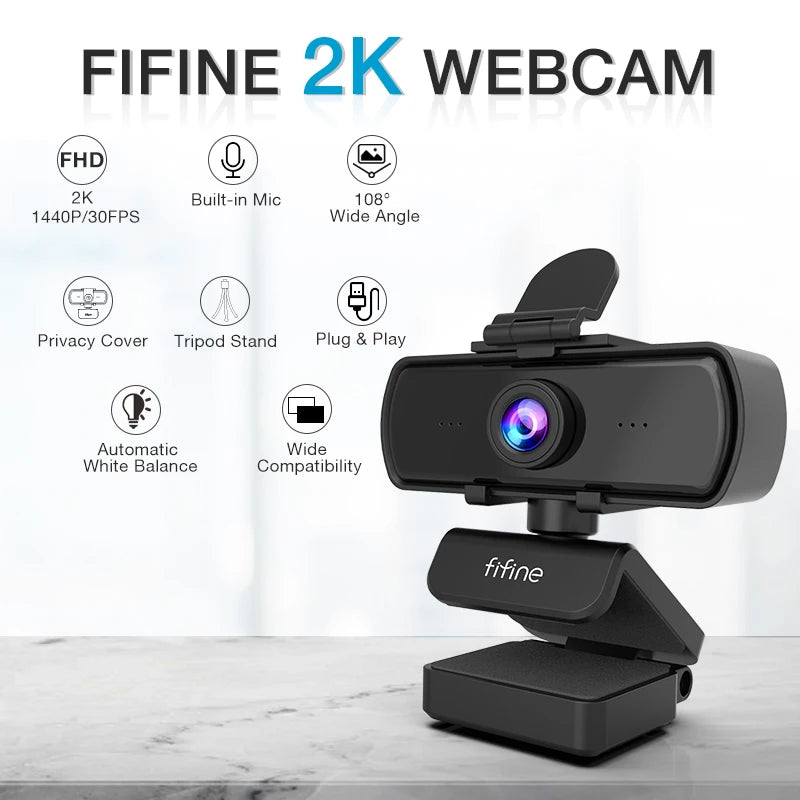 FIFINE 1440p Full HD PC Webcam with Microphone tripod for USB Desktop & Laptop,Live Streaming Webcam for Video