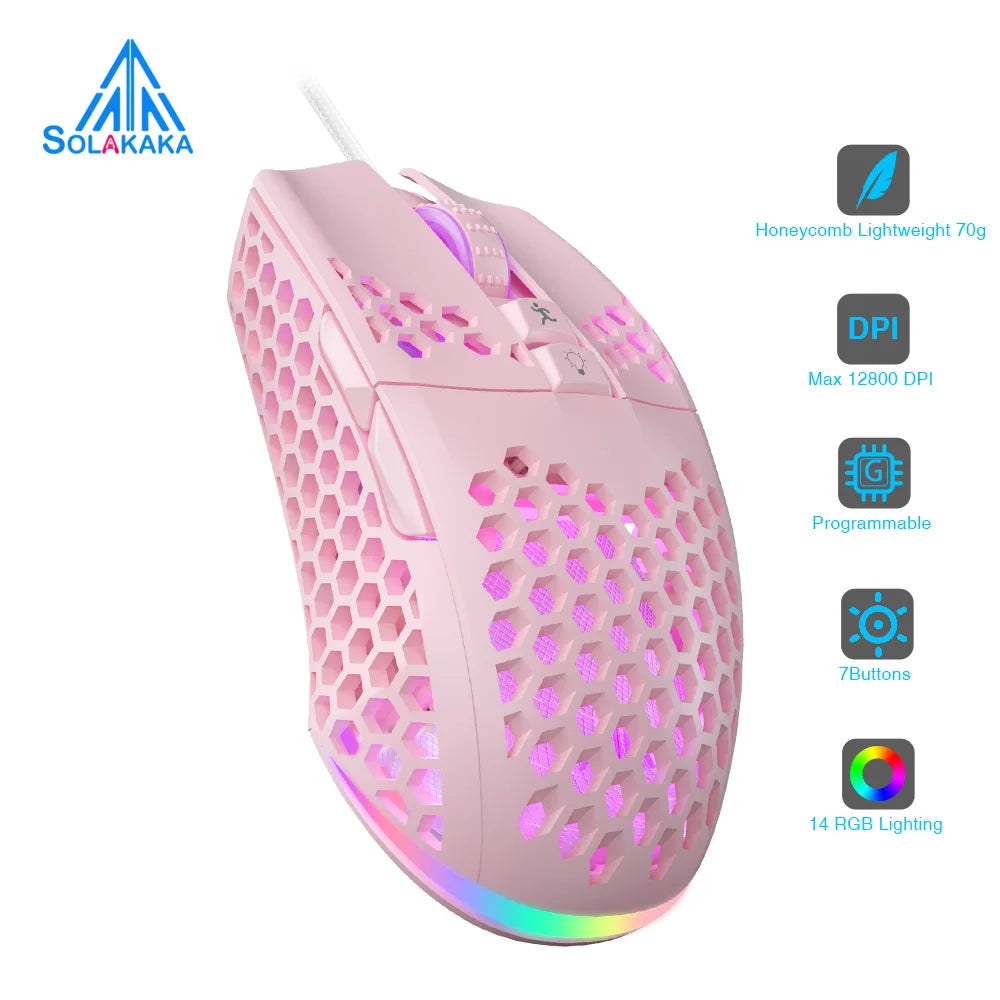 SM900 Wired Gaming Mouse Low Latency 12800 DPI 7 Buttons Macro Software Honeycomb Mice for PC Laptop - Pink / United