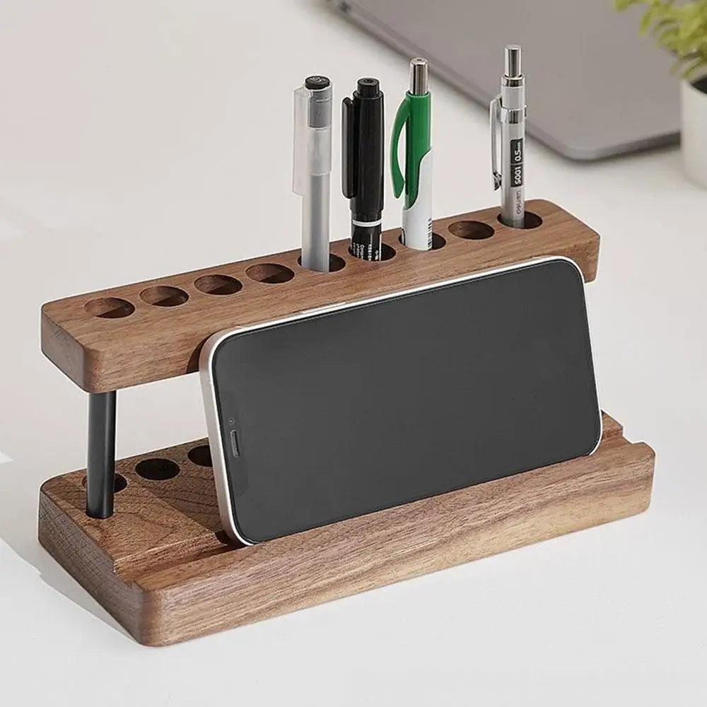 1PC Walnut Wood Pen Holder Desk Organizer Phone Stand Storage Retro Wooden Pen Holder Desk Stationery Pen Storage Phone