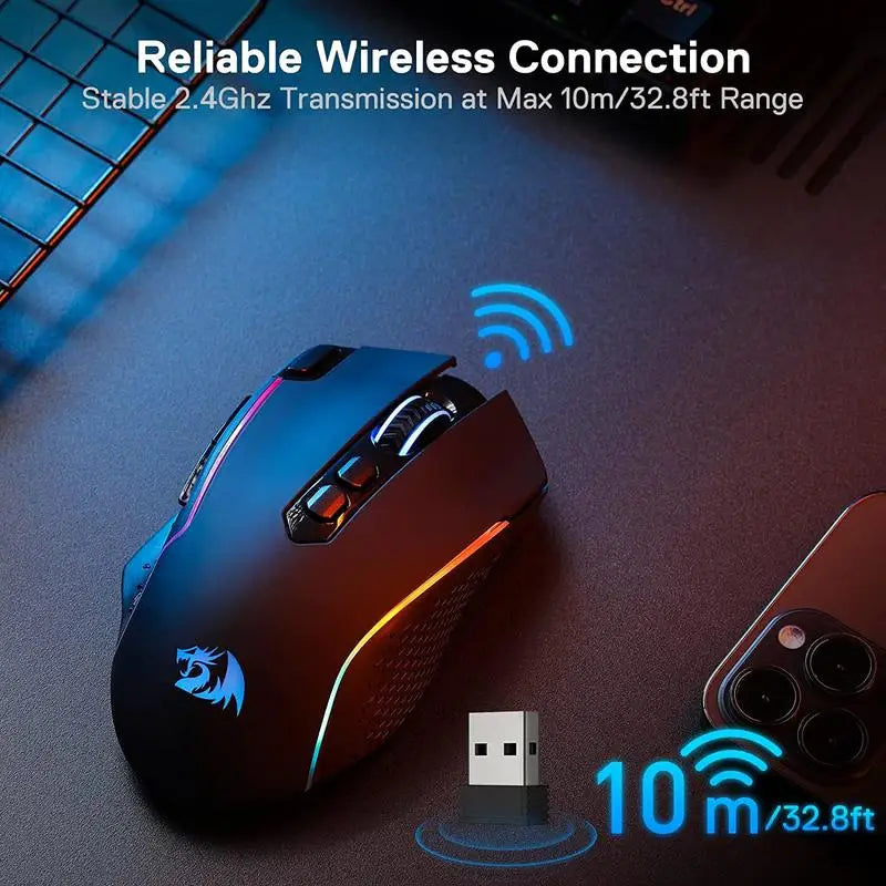 Redragon M810 Pro Wireless Gaming Mouse 10000 DPI Wired Gamer Mouse w/ Rapid Fire Key 8 Macro Buttons Black/White Mouse