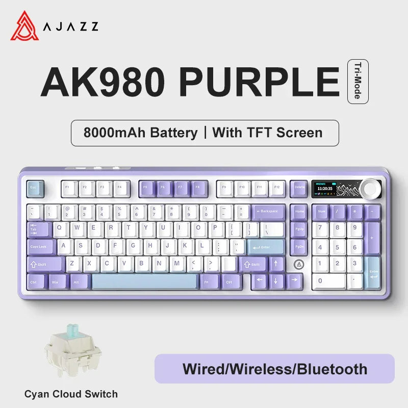Ajazz AK980 Gaming Mechanical Keyboard with Color Screen 98 Keys RGB Bluetooth Wireless Keyboard Gamer 8000mAh For PC