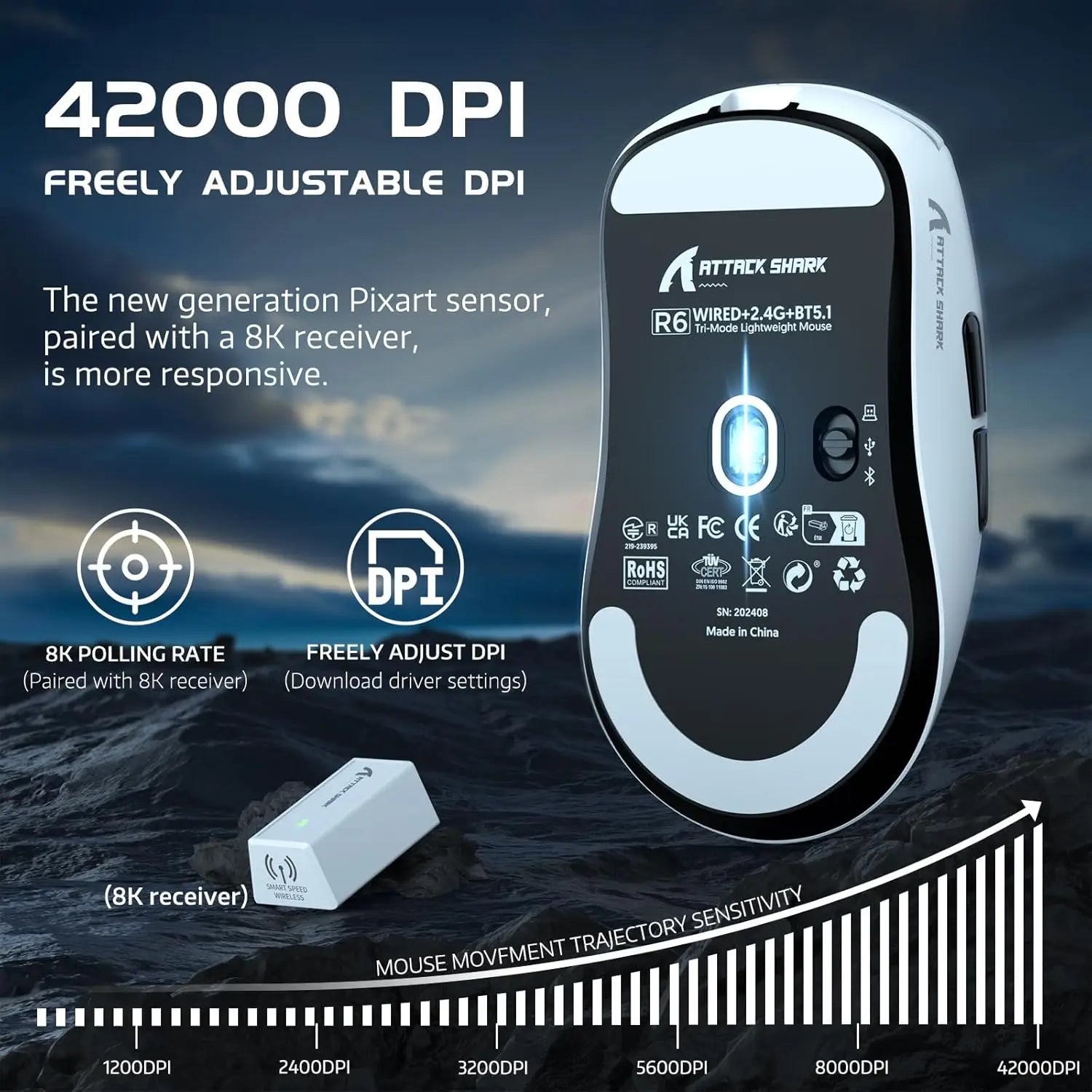 Attack Shark R6 Lightweight Wireless Gaming Mouse PAW 3950Max Sensor Computer Mouse with Nordic 52480 8KHz Polling