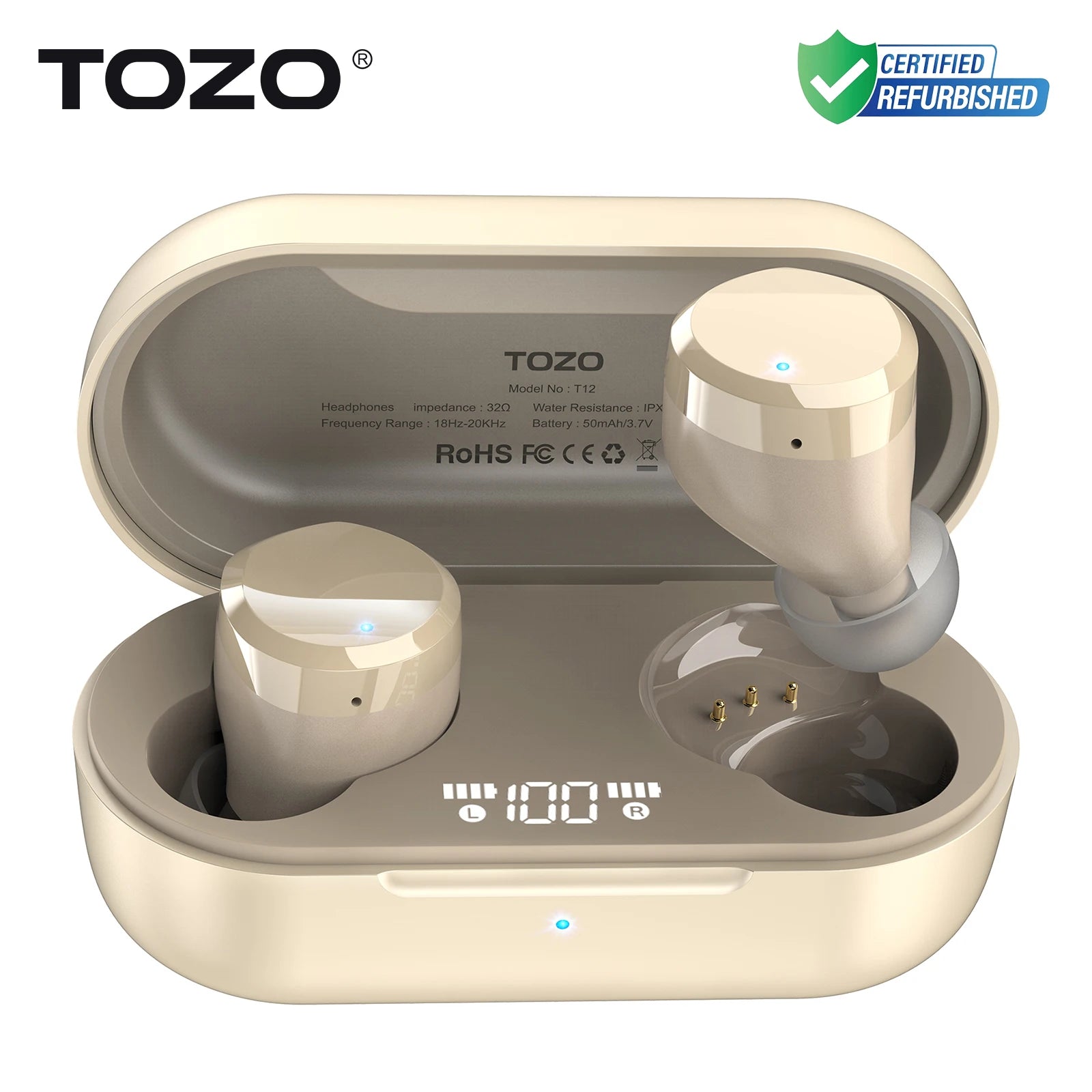 Refurbished TOZO T12 True Wireless Earbuds LED Display Bluetooth Headsets In Ear 10mm Driver Deep Bass HiFi Sound