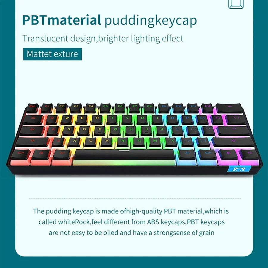 STK61 Rainbow Backlit Keyboard BT 3.0 +Type-C Dual-Mode Mechanical Gaming Keyboard for IOS Android Win Mobil Tablets