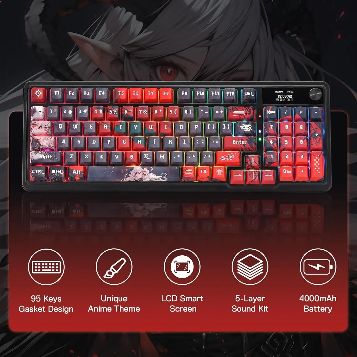 Redragon K719 PRO Wireless Gasket Gaming Hype Screen & Knob 95 Keys Mechanical Keyboard,Easy-Control 1.14’’ TFT Info