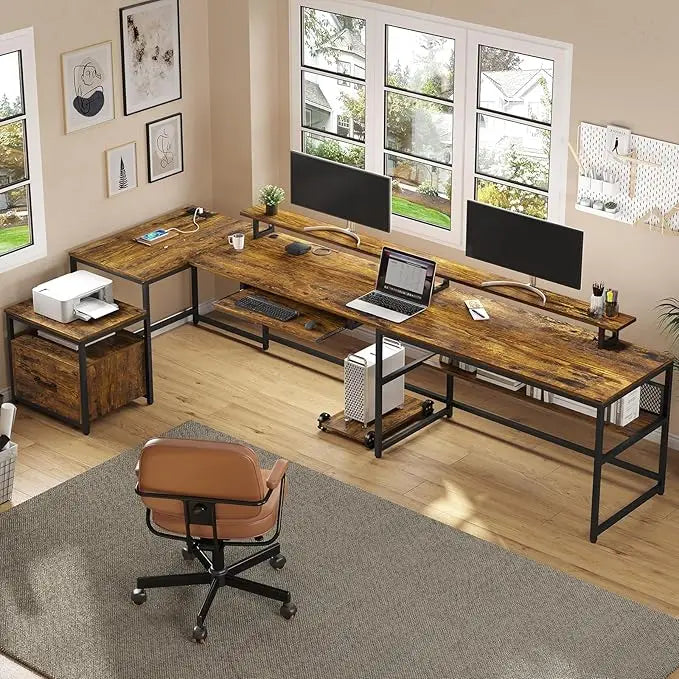 U Shaped Desk Reversible L Shaped Home Office Desk with File Drawer & Power Outlet 101.5’’ Computer Two Person Desk