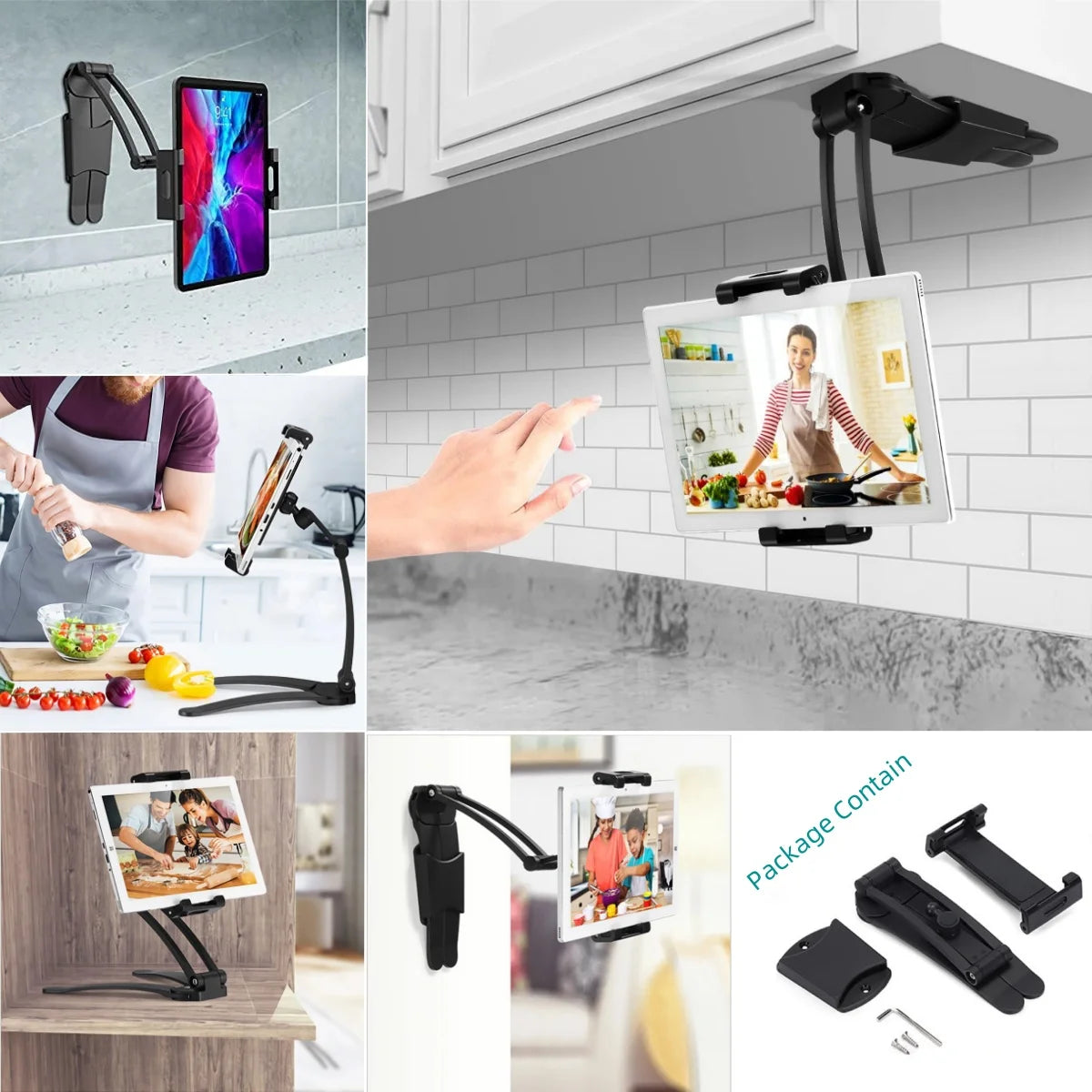 Kitchen Cabinet Wall Tablet Mount 360° Rotating Metal Phone Tablet Bracket 5-13.5” Devices for IPad IPhone Tab Stand