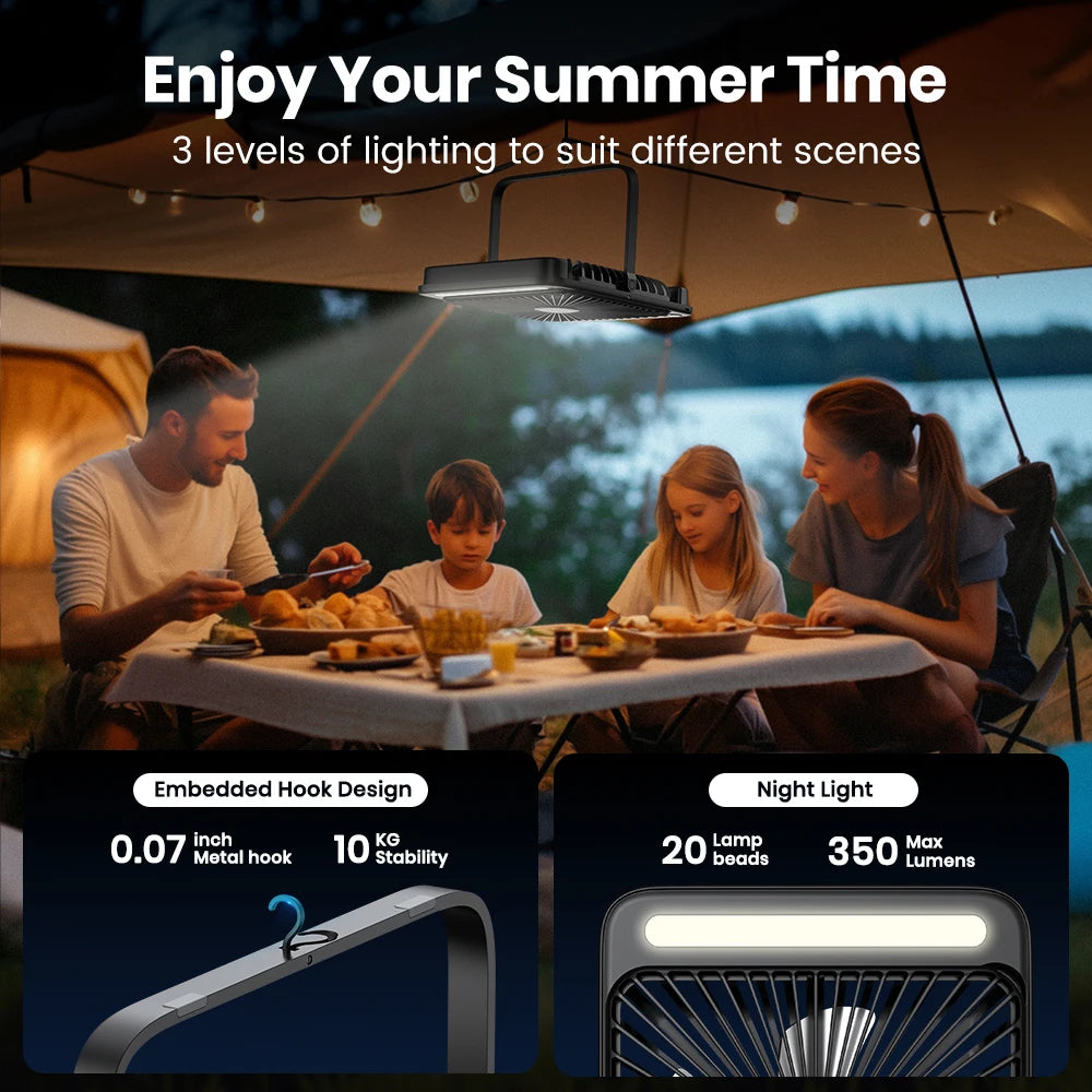 Warmco 20000mAh 8-inch Portable Camping Fan,LED Light Quiet Thin Battery Desk Personal Fan With Digital Display