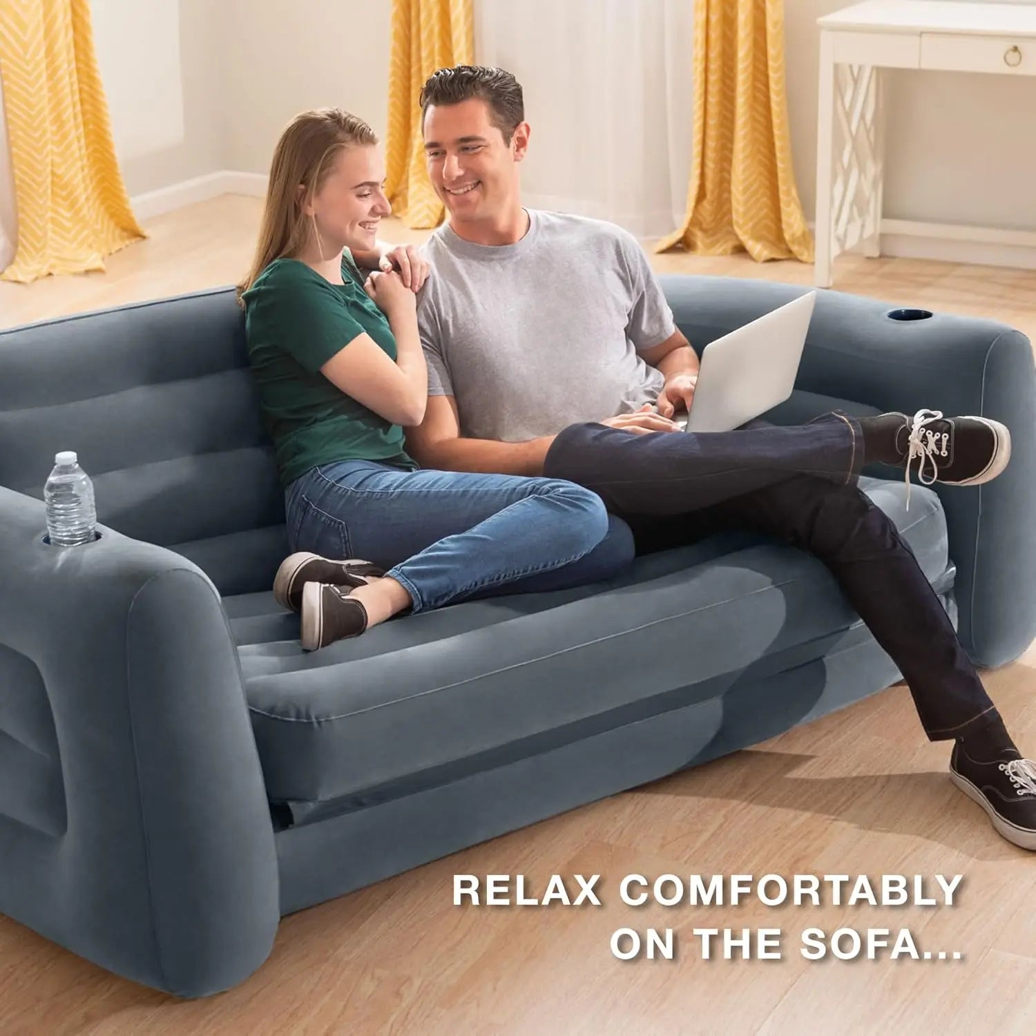 Inflatable Pull-Out Sofa: Velvety Surface 2-in-1 Valve Cupholder - United States
