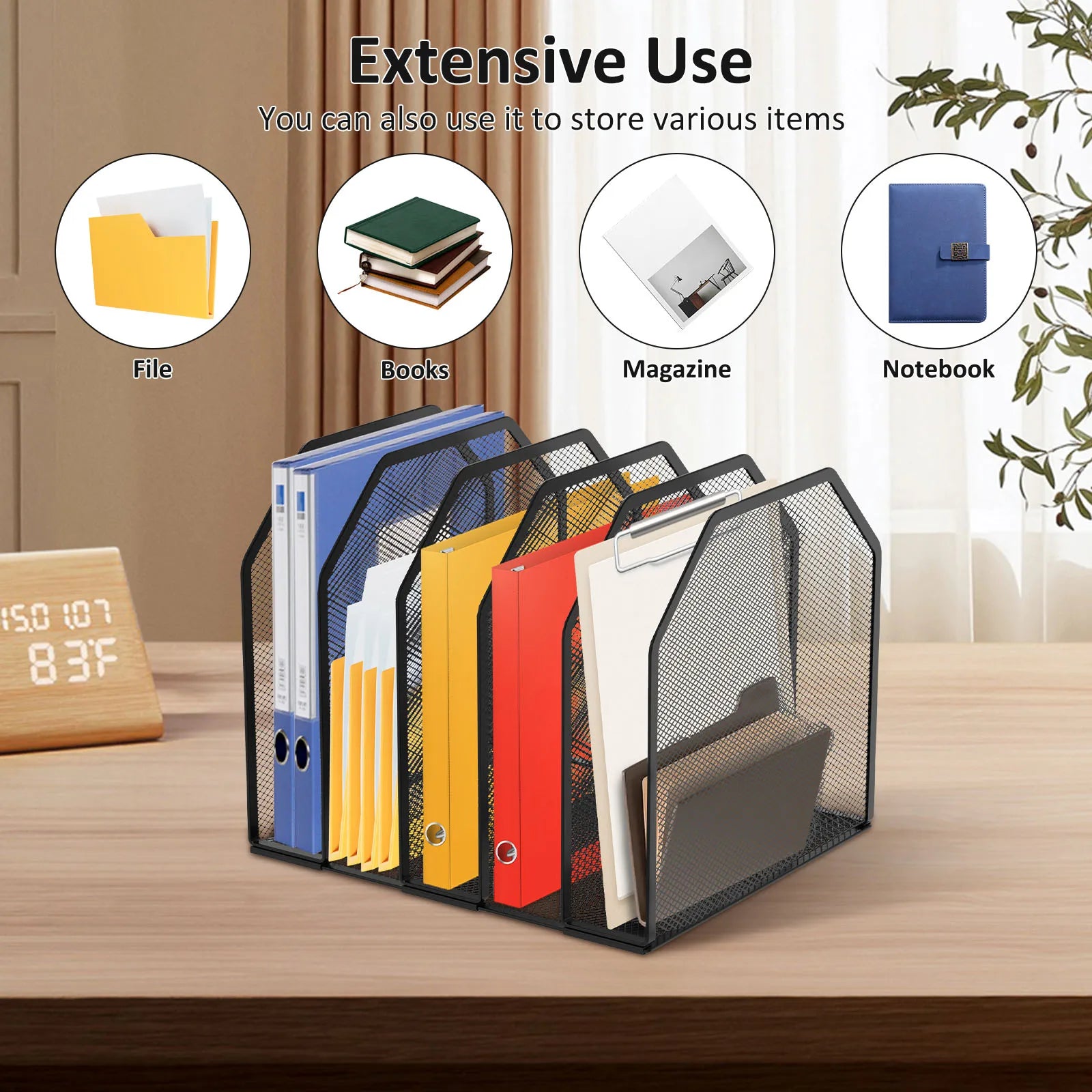 5/7 Metal File Rack Standing Desktop File Folder Adjustable Mesh File Folder Sorter for Office Home Classroom