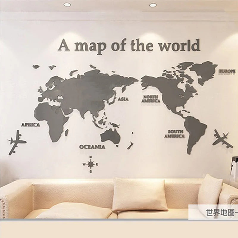 Nordic World Map Acrylic 3D Wall Decal Office Study Living Room Sofa Background Wall Decoration - grey / S 80cmX40cm