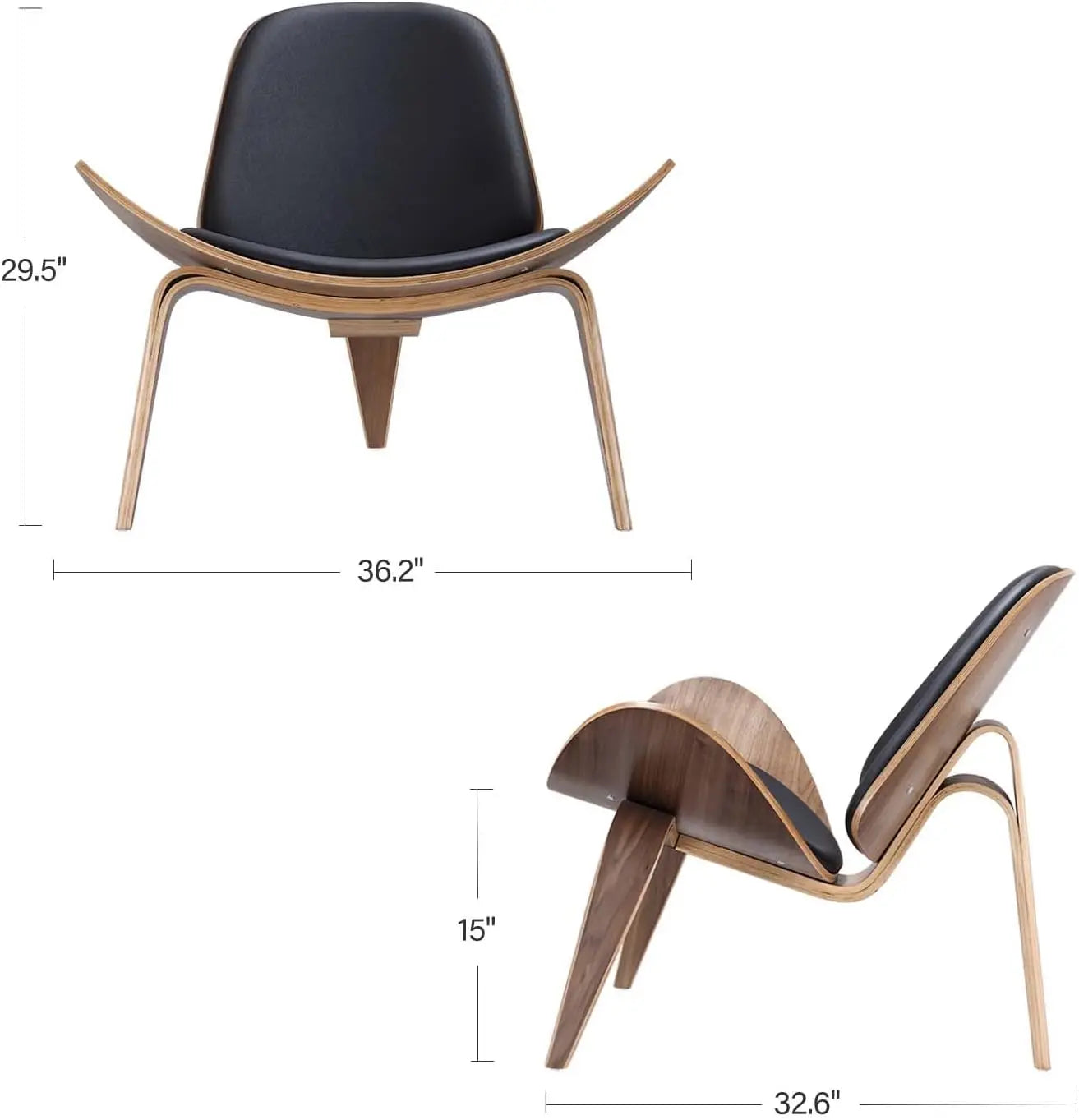 Mid Century Modern Shell Lounge Chair PU Leather Tripod Plywood Classic Design Solid Wood Accent Chairs for Living Room