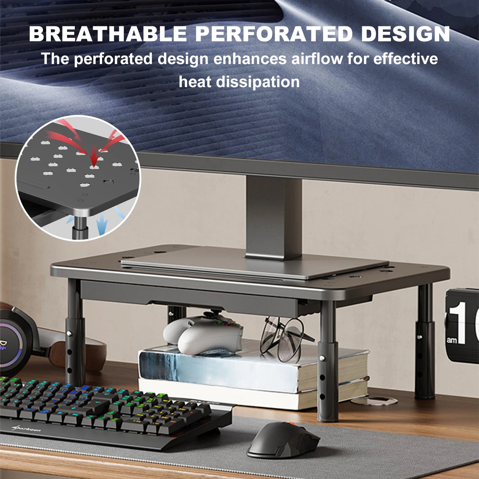 Computer Monitor Stand 3 Height Adjustable Monitor Riser with Drawer Laptop Stand for Office Home School Supplies