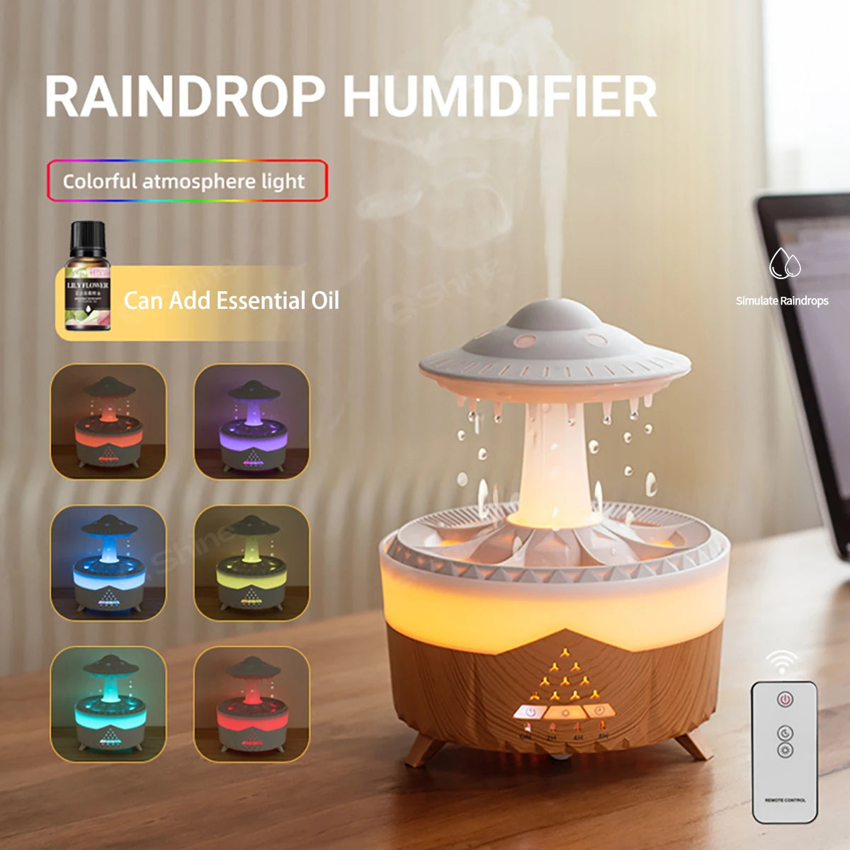 1PC Wall Plug Simulated Raindrop Air Humidifier with Ambient Lights Essential Oil Diffuser Aroma Diffuser for Office