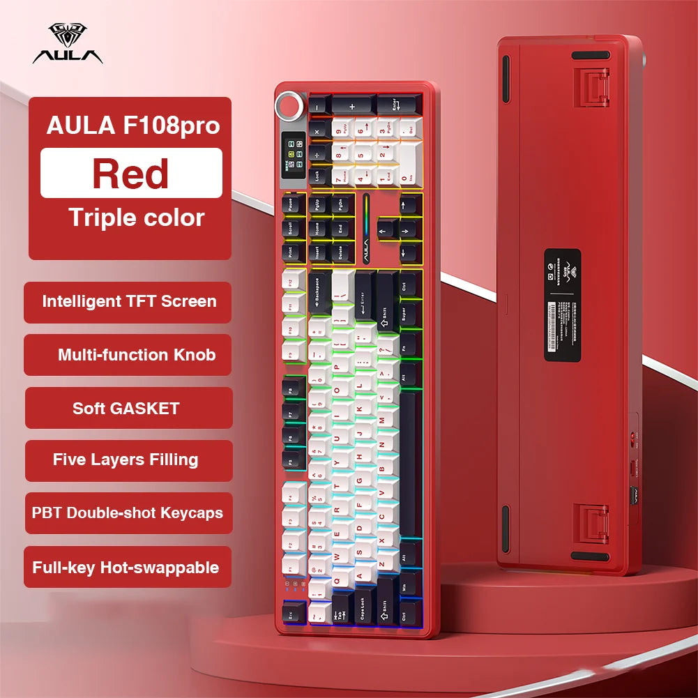 AULA F108pro Wireless Bluetooth Keyboard Macro Gaming keyboard Gasket Hot-swap Full Size Keyboard with TFT Smart