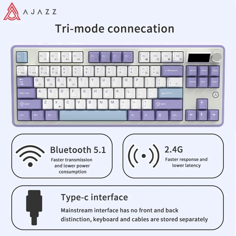 Ajazz Ak870 RGB Gaming Mechanical Keyboard Hot Swap 84 Keys Wireless Bluetooth 2.4G Wired Keyboards TFT FOR Desktop