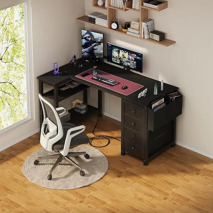L Shaped Computer Desk with Drawers & Storage Shelves 55 Inch Corner Desk with Power Outlet for Home Office Bedroom