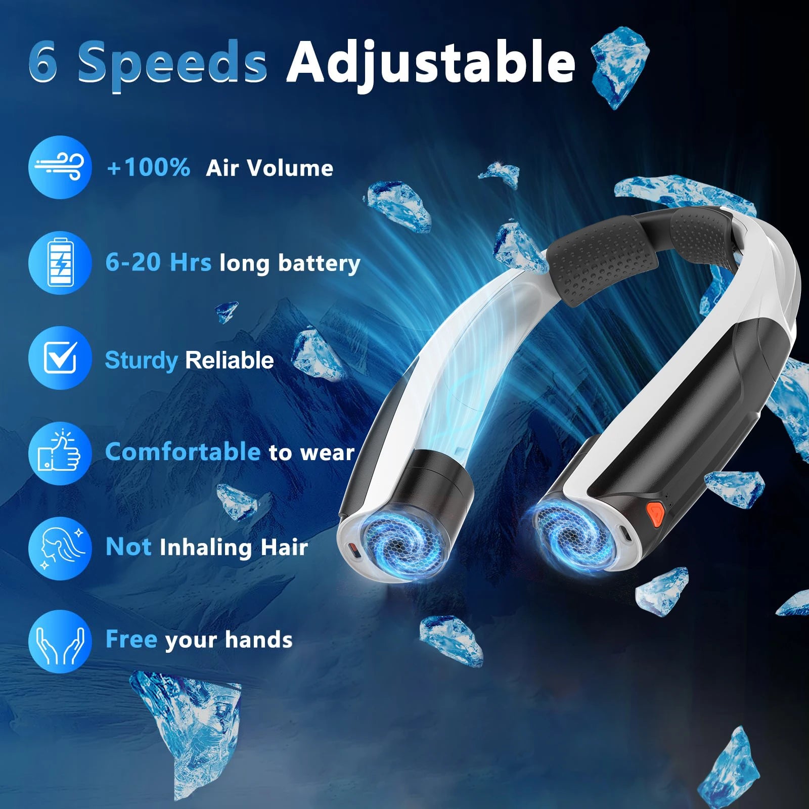 Portable neck fan six wind speeds (Max: 8000 rpm) 6000mAh battery - up to 20 hours extremely strong life