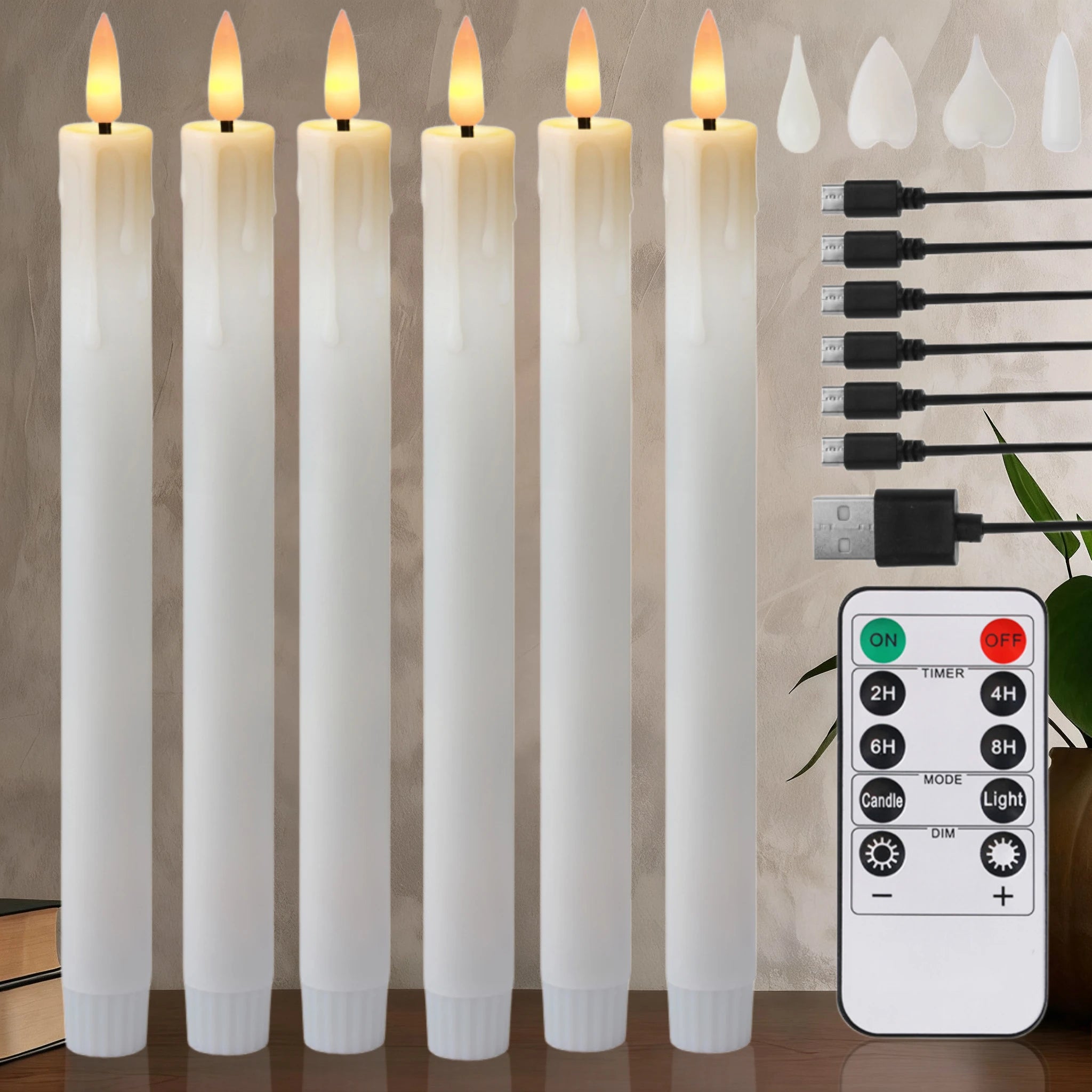 Rechargeable Flameless LED Taper Candles with Timer Remote & USB Charging Cable Flickering Dripping Wax Window Tall