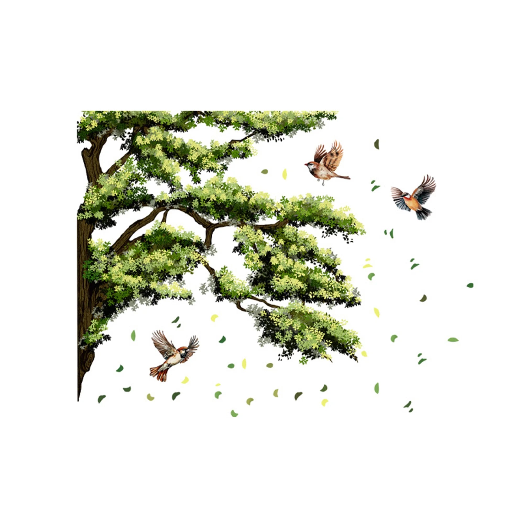 Green Leaves and Birds Wall Decals 3 Piece Set Nature Inspired Wall Sticker for Home Decor Living Room Office