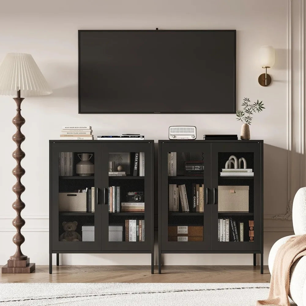 Black Metal Storage Cabinet,Metal Locker Storage Cabinet with 2 Mesh Doors and Adjustable Shelves,Kitchen Pantry