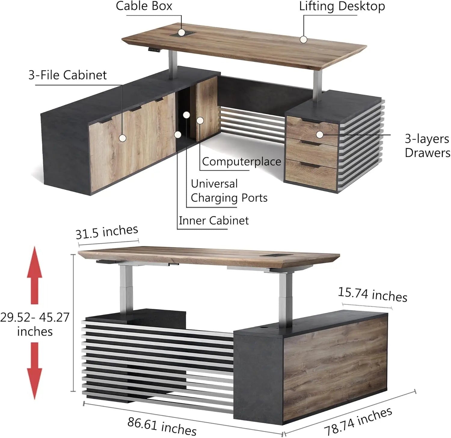 Adjustable Heigh L Shaped Executive Standing Desk w/Drawers Office Desk w/Universal Charging Ports Large Business