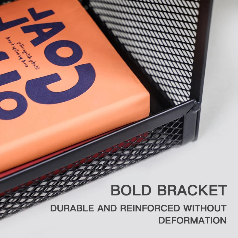 Mesh wall file storage rack 5-layer vertical mounting rack Magazine rack with bottom flat tray side closed black