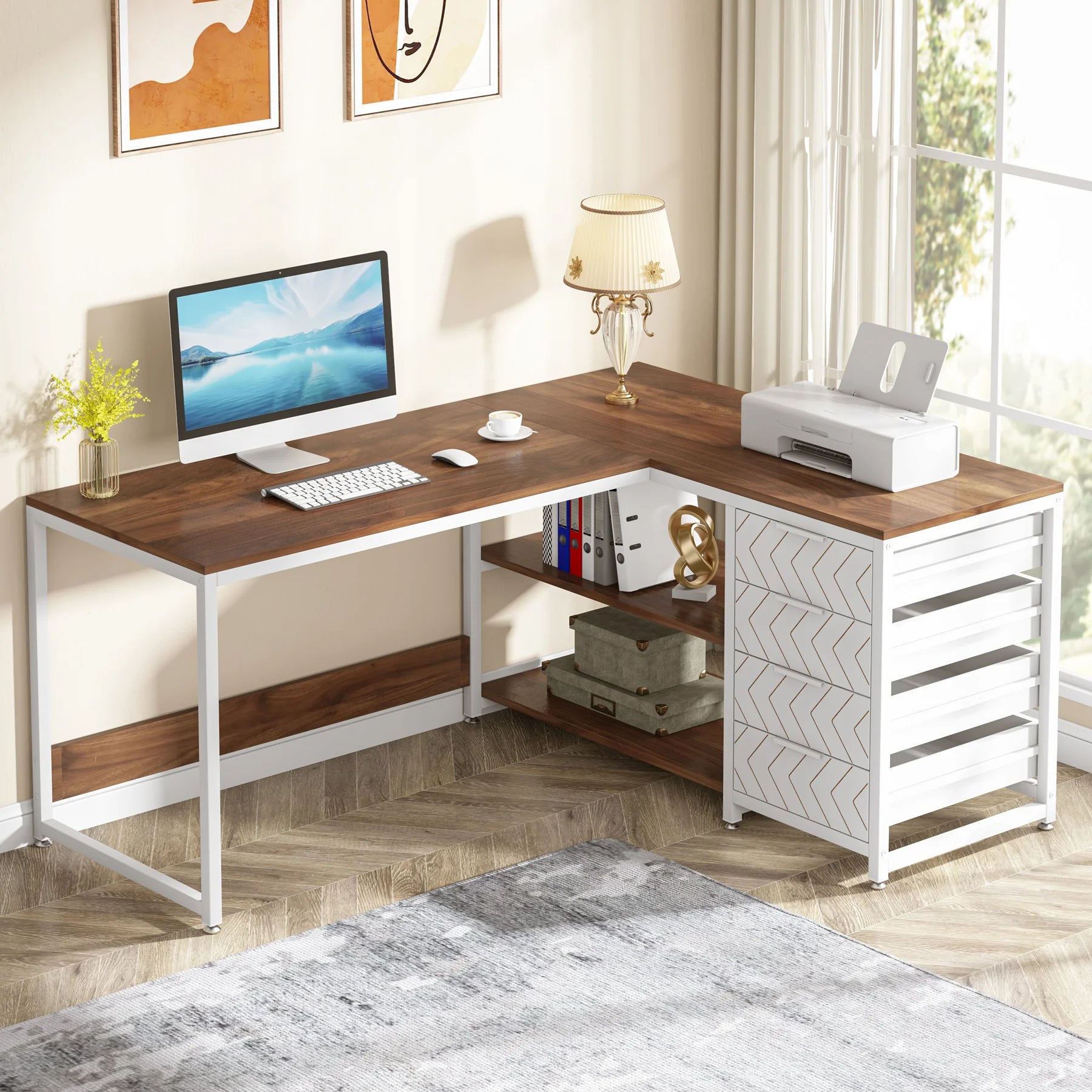 Tribesigns L Shaped Computer Desk with Storage Drawers 59 inch Corner Desk with Shelves Reversible L-Shaped Office Desk