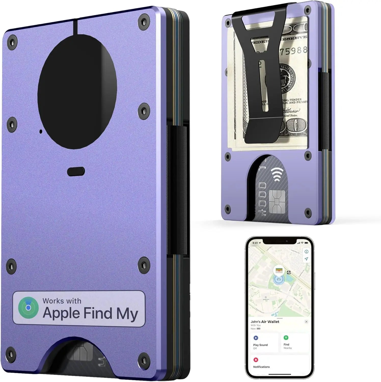 RFID Blocking Credit Card Holder Slim Wallet For Men Compatible with Find My iOS Only Detachable Money Clip - PURPLE