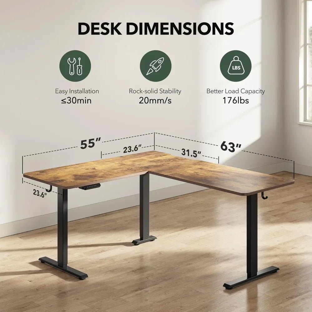 63’’ L-Shaped Standing Desks - Adjustable Corner Desk L Shape L-Shaped Adjustable Desks with Splice Board L Shape