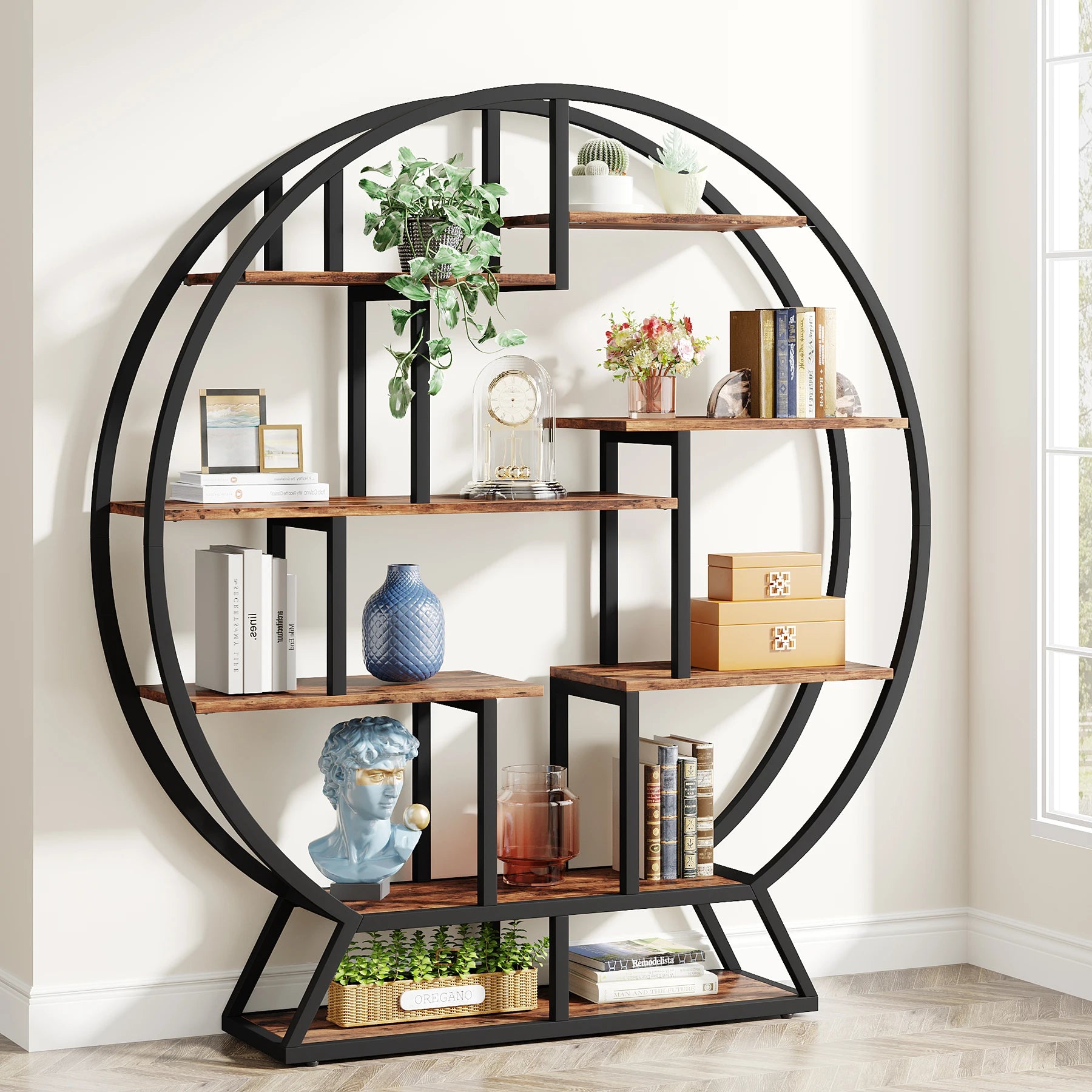 Tribesigns Bookshelf Round Bookshelves Etagere Bookcase 63-Inch Industrial Wood Book Shelf with Staggered Shelves