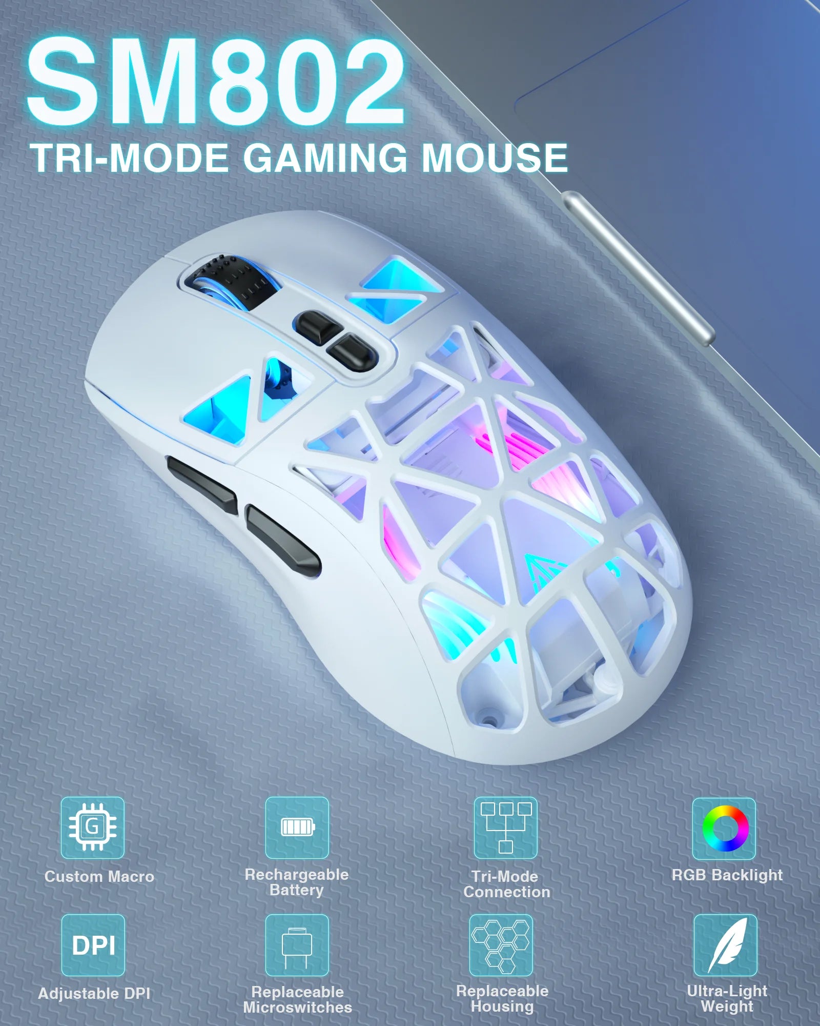 SOLAKAK SM802 Tri-modes Gaming Mouse Replaceable Shell Macros 6-adjustable DPI 600mah RGB lightweight - White / United