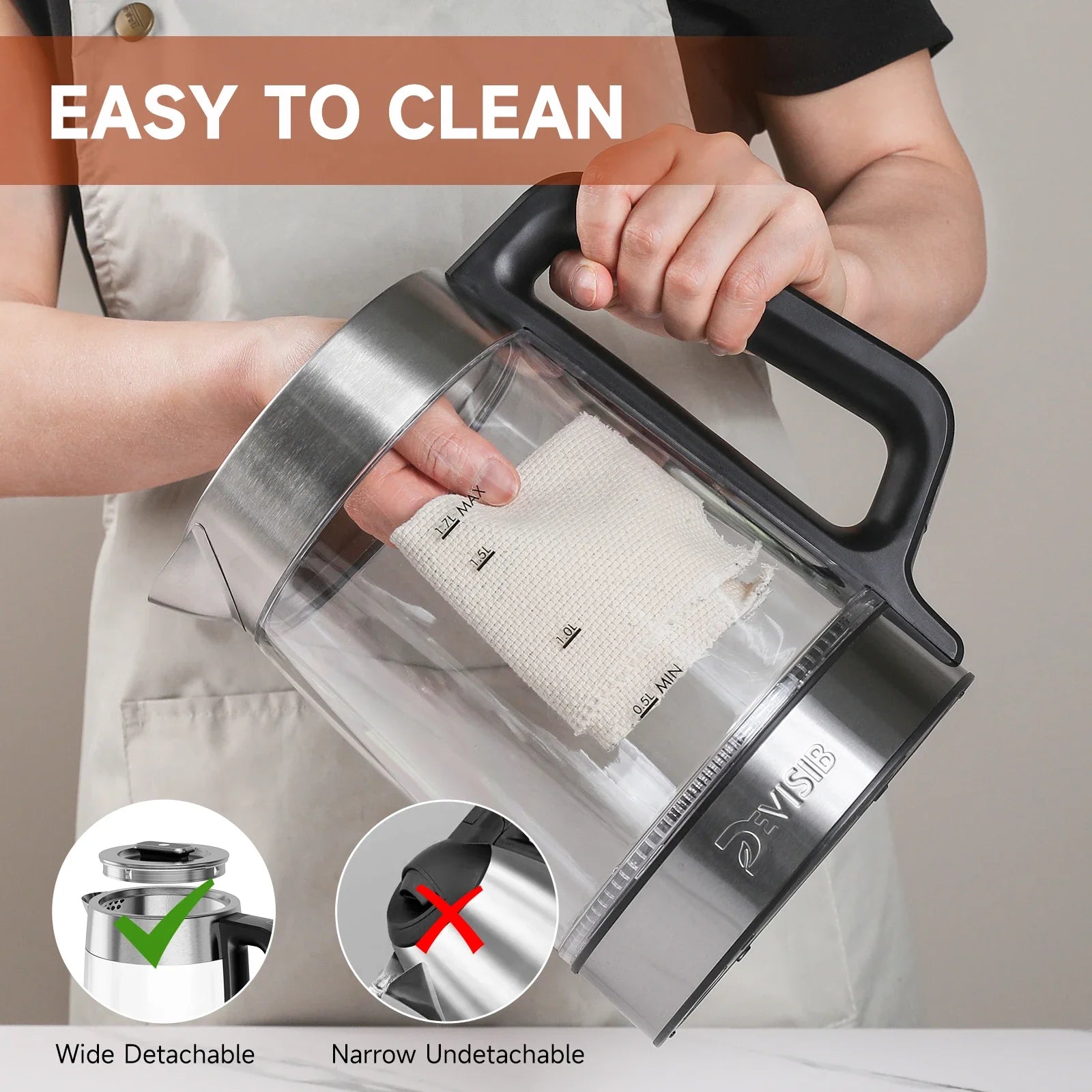 DEVISIB Dual Wall Cool Touch Electric Glass Kettle 1.7L/2200W Fast Boiling Temperature Control Real-time Display Auto