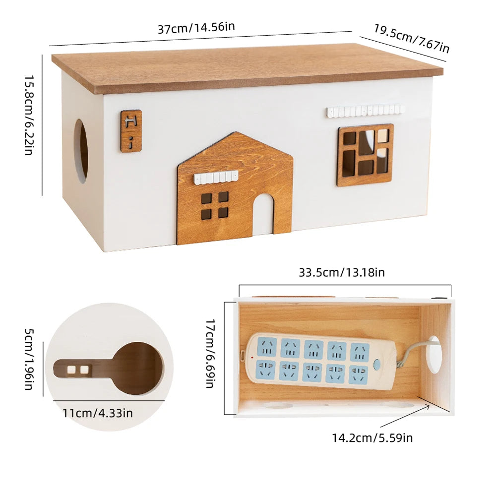 Wooden Desktop Cord Storage Box Desktop Organization Storage Socket Guard Plug Data Cable Charger Storage Home Room