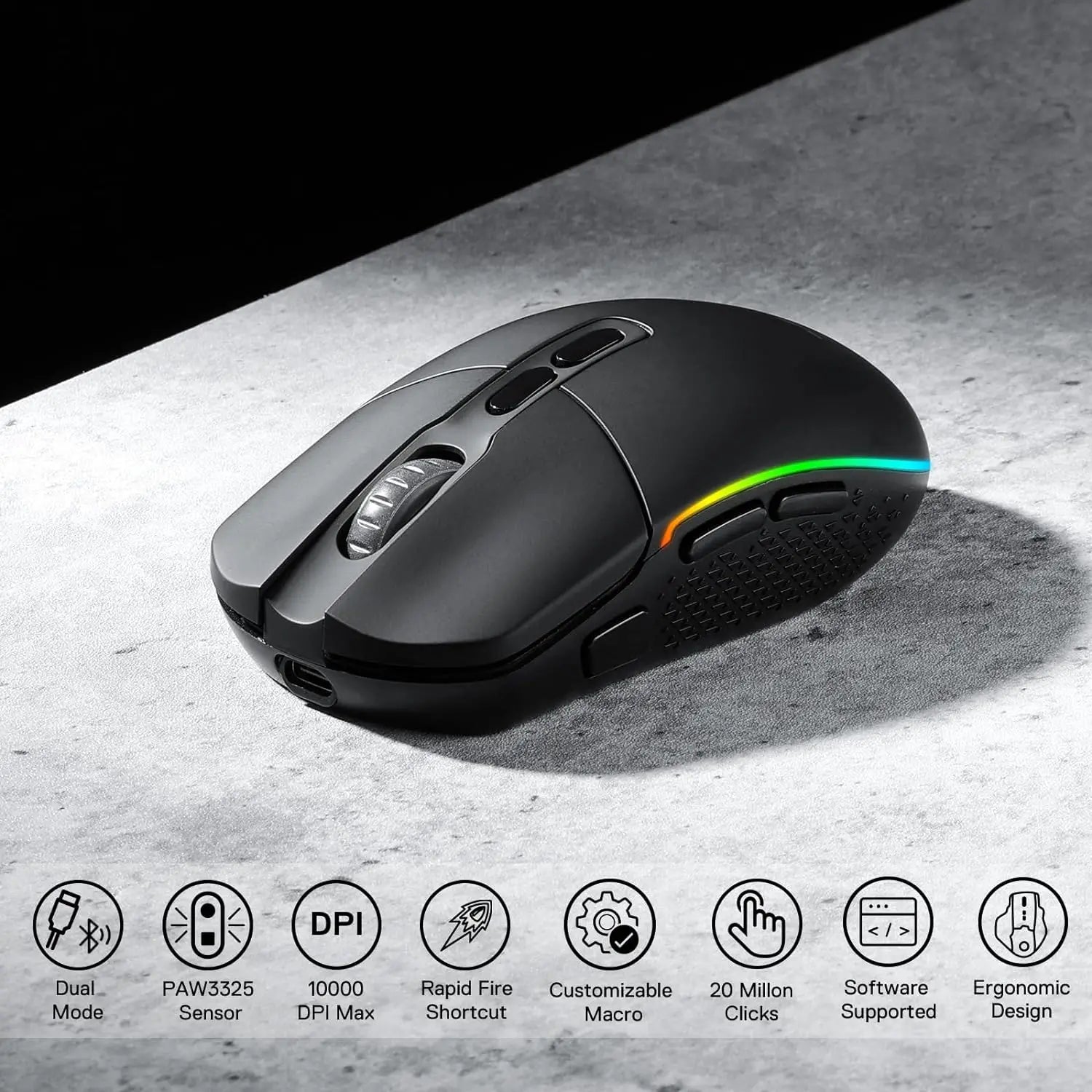 Redragon M719 Pro Wireless Optical Gaming Mouse 8 Programmable Buttons RGB 10,000 DPI Ergonomic PC Computer Gaming Mice