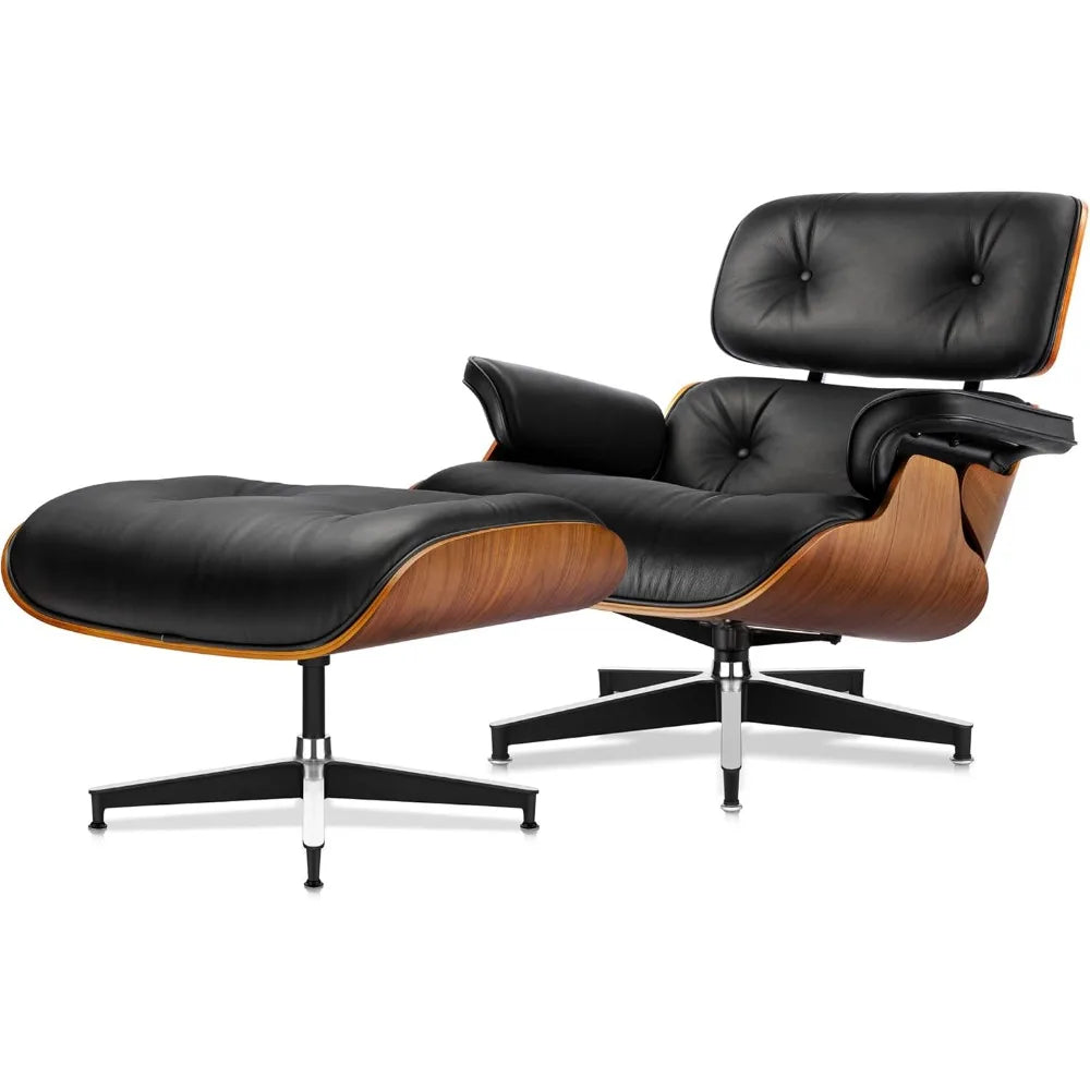 Top Black Grain Leather Mid Century Chaise Lounge Chair and Ottoman Modern Chair Classic Design Walnut Wood Heavy Duty
