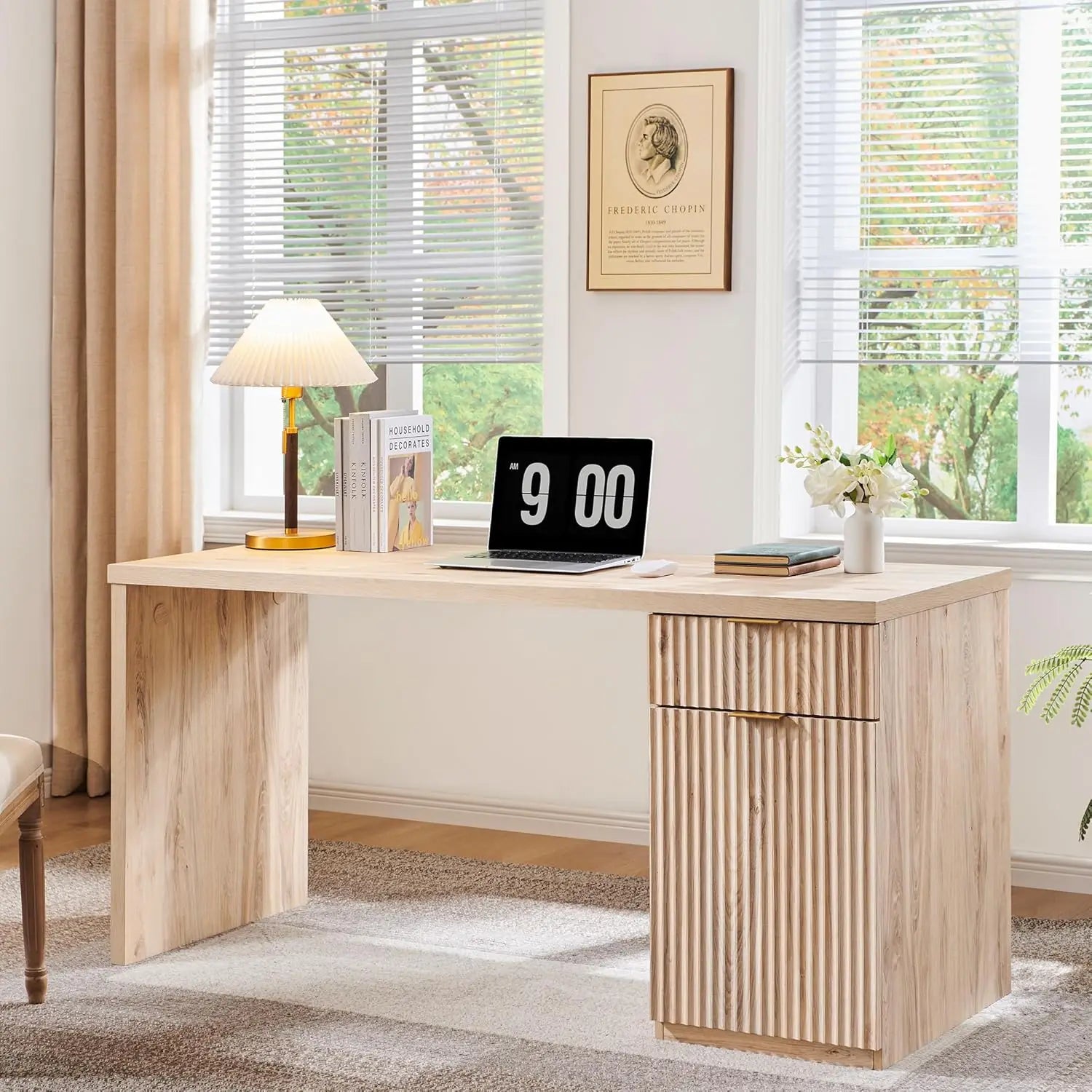 60’’ Modern Executive Desk with Storage Wood Home Office Desk with Drawer & Cabinet Fluted Computer Writing Desk