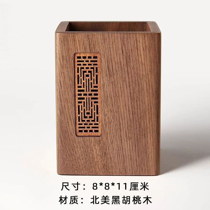 1pcs Solid Wood Multifunctional Pen Holder - Retro Desktop Organizer with Engraving Office Storage Box for Pencils