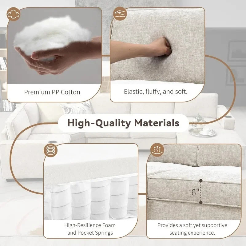 Large U-Shaped 6-Seat Chenille Sectional Sofa Set with Chaise Cup Holders for Spacious Living Room - Beige / United